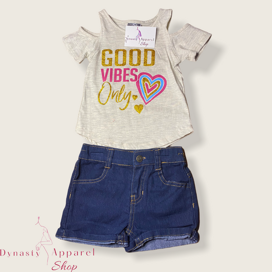"Good Vibes Only" Girl's two-piece Denim shorts and Shirt Set